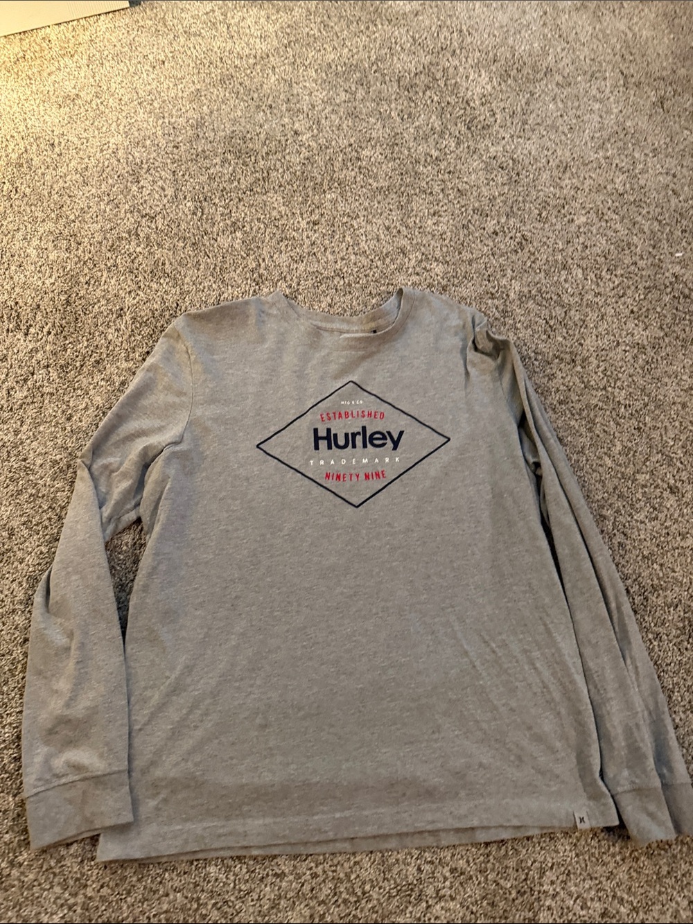 Hurley Men's Long Sleeve Tee - Light Gray with Navy & Red Logo